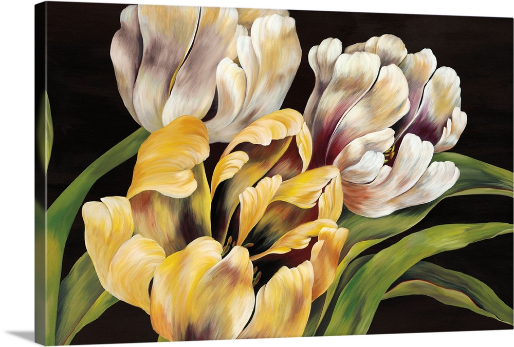Contemporary painting of a group of white and yellow tulips against a neutral backdrop.