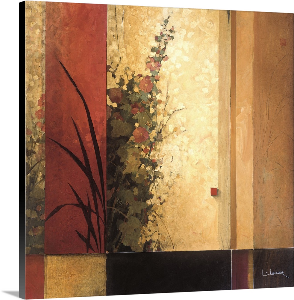 A contemporary Asian theme painting with flowers and a square grid design.