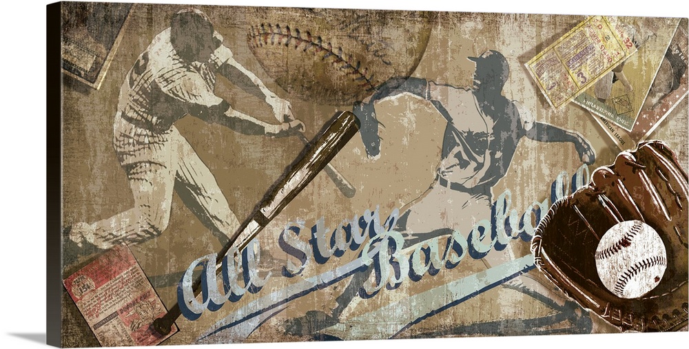 Baseball decorative artwork with baseball items such as bat, program and ball with the text "All Star Baseball".