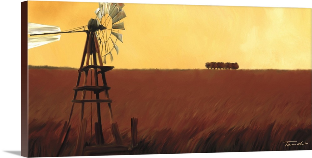Painting of a windmill in a red field under a yellow sky.