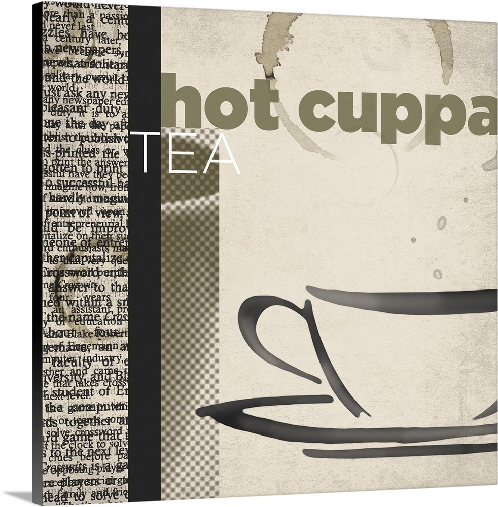 Decorative artwork of a cup and text on the side with "Hot Cuppa Tea".