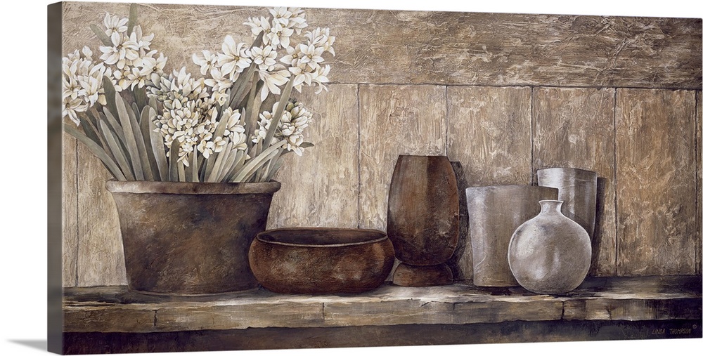 Still life painting in sepia shades of vases on a table and a bowl of flowers.