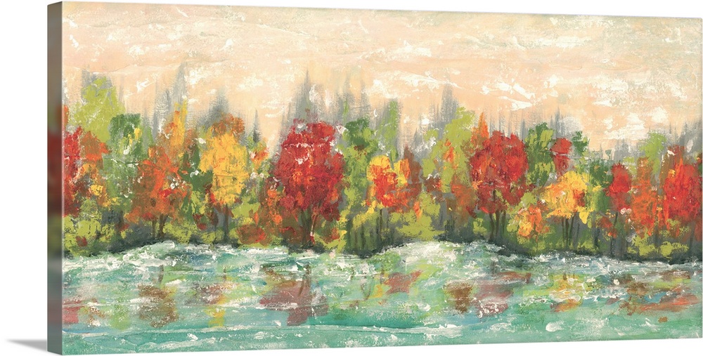 Contemporary painting of a forest in the fall reflecting in the water.