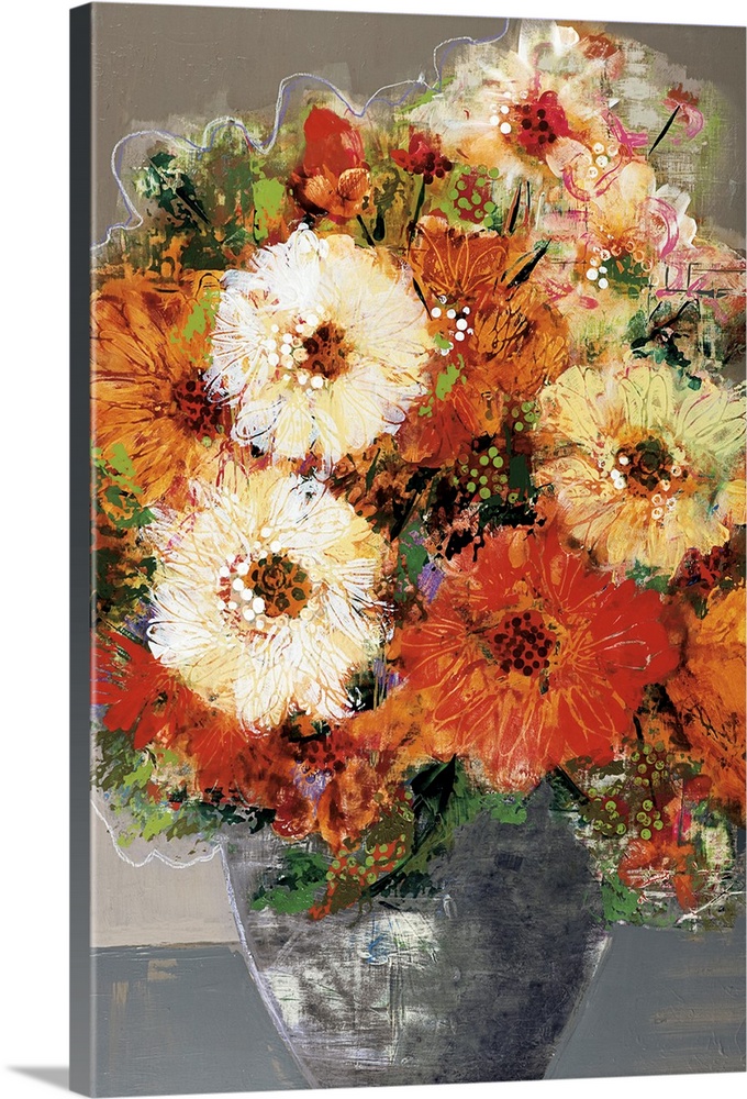 A complementary painting of a large vase of bright orange and yellow flowers in a textured pattern.