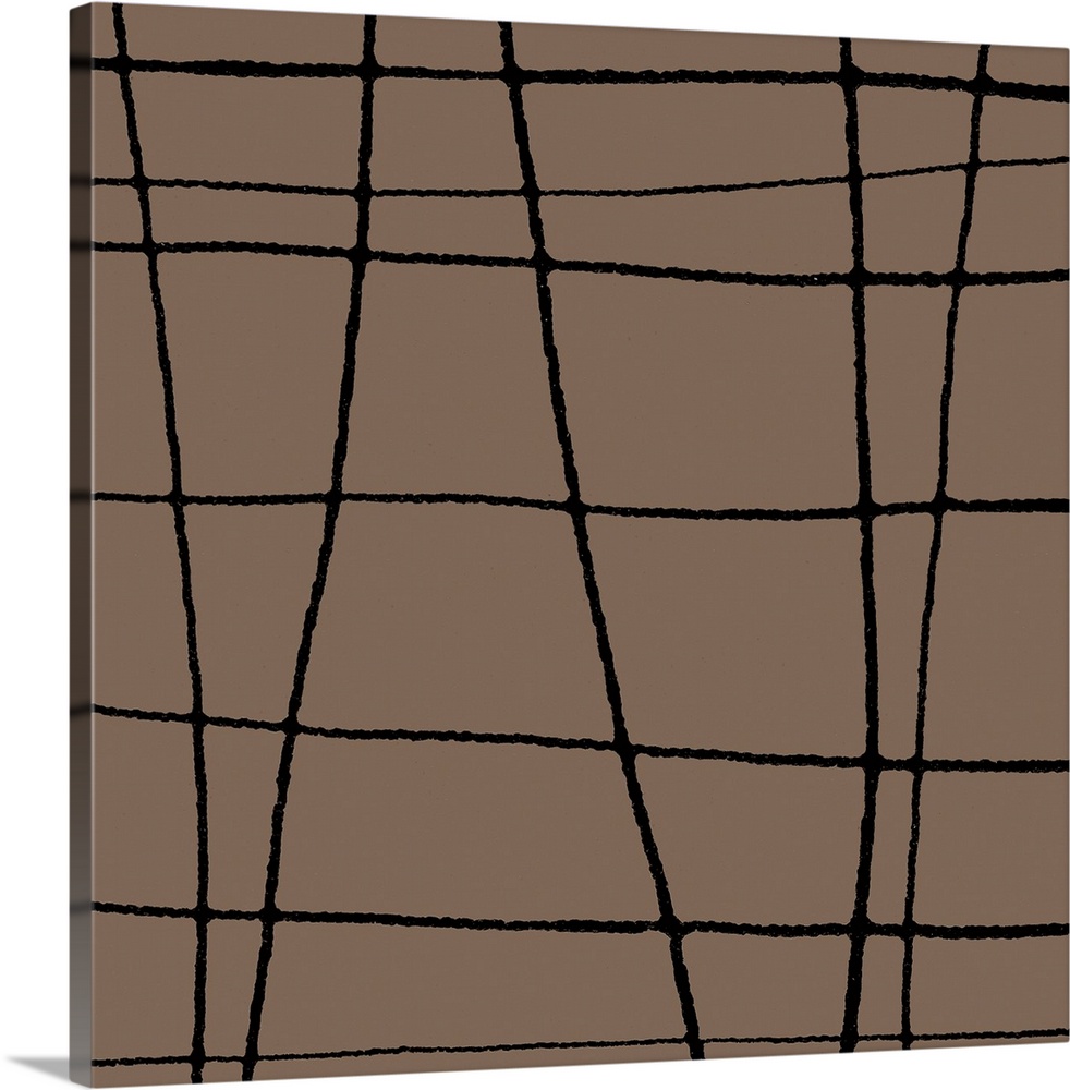 A square abstract of vertical and horizontal black lines intersecting in varies areas against a brown backdrop.