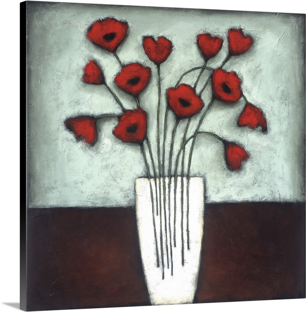 Contemporary painting of red tulips within a vase in soften tones of brown, red and blue.