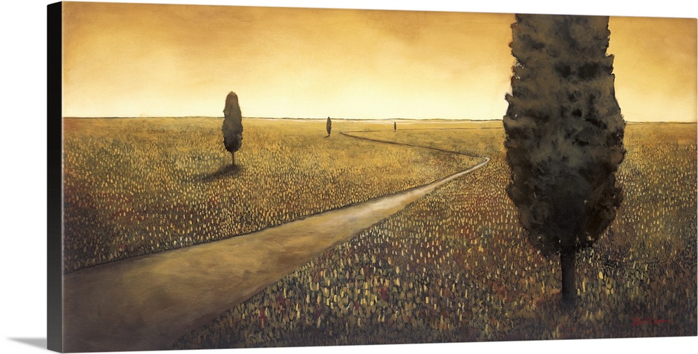 A contmeproary painting of a country road lined by trees, winding through a field in warm tones.