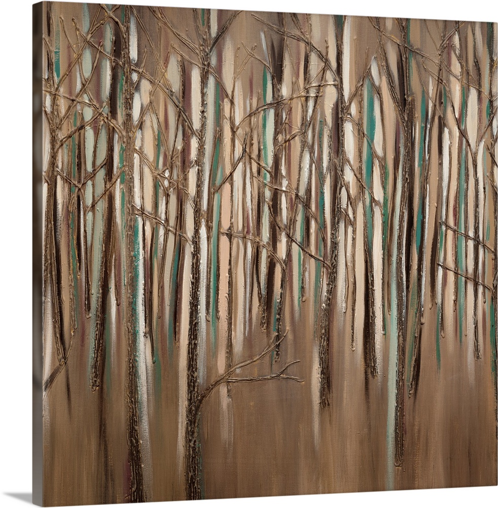 Contemporary painting of a forest of trees in textured lines of brown, teal and cream.