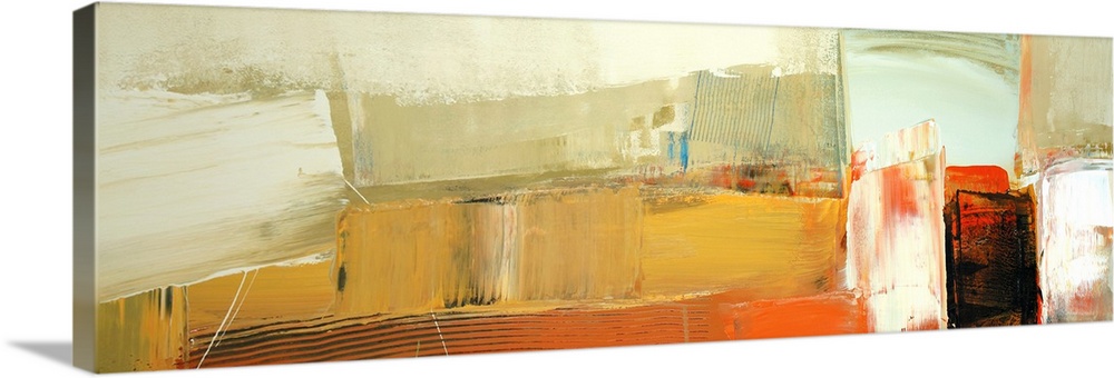 A horizontal abstract painting in vibrant textured colors of orange, yellow and black in box shapes.