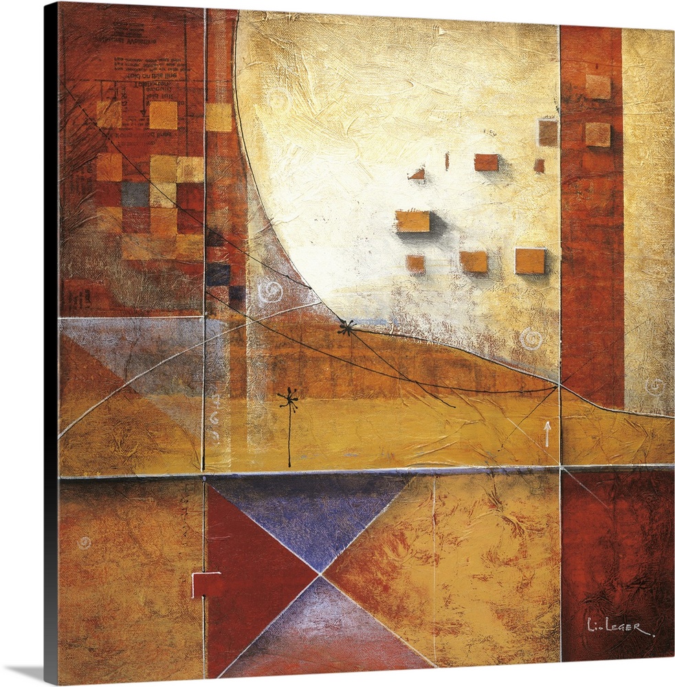 Abstract painting of squared shapes overlapped and "x" elements, all done in warm earth tones.