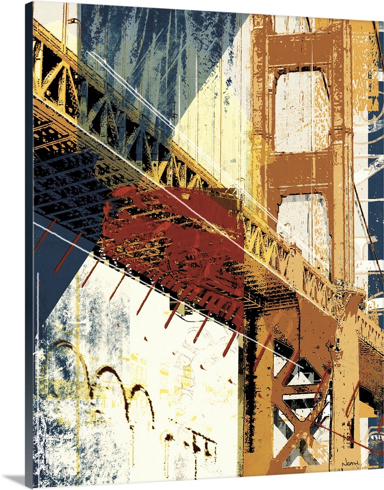 Contemporary artwork of a bridge into Manhattan in textures and vibrant colors.