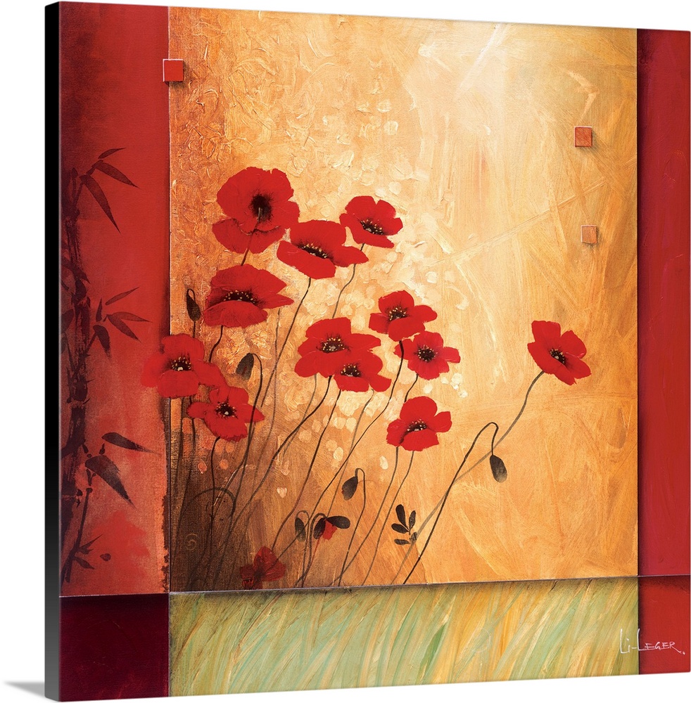 A contemporary painting of red poppies bordered with a square grid design.