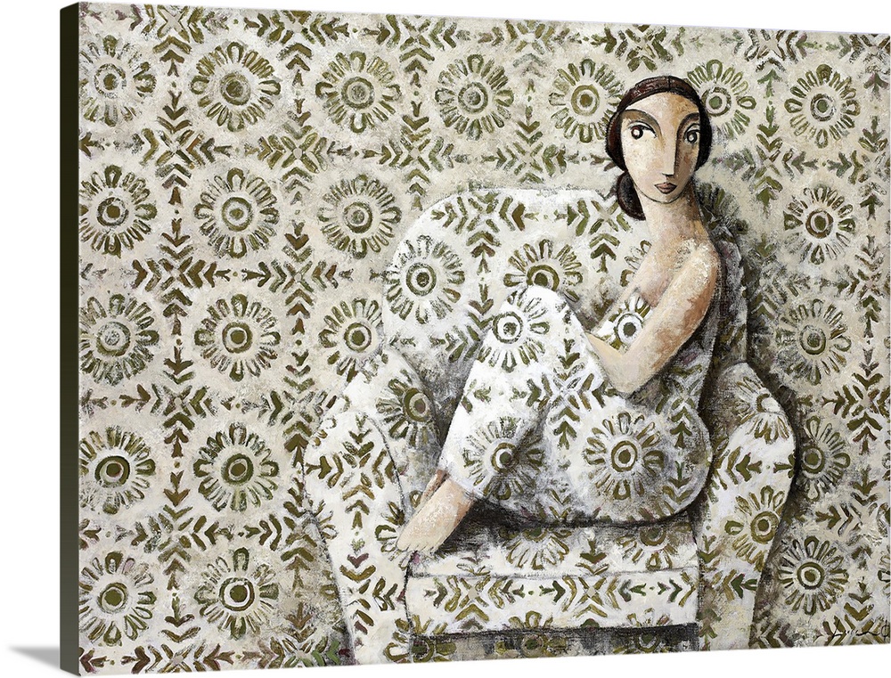 A portrait of a woman sitting on a plush chair with a repetitive floral pattern on the chair, clothes and background, pain...