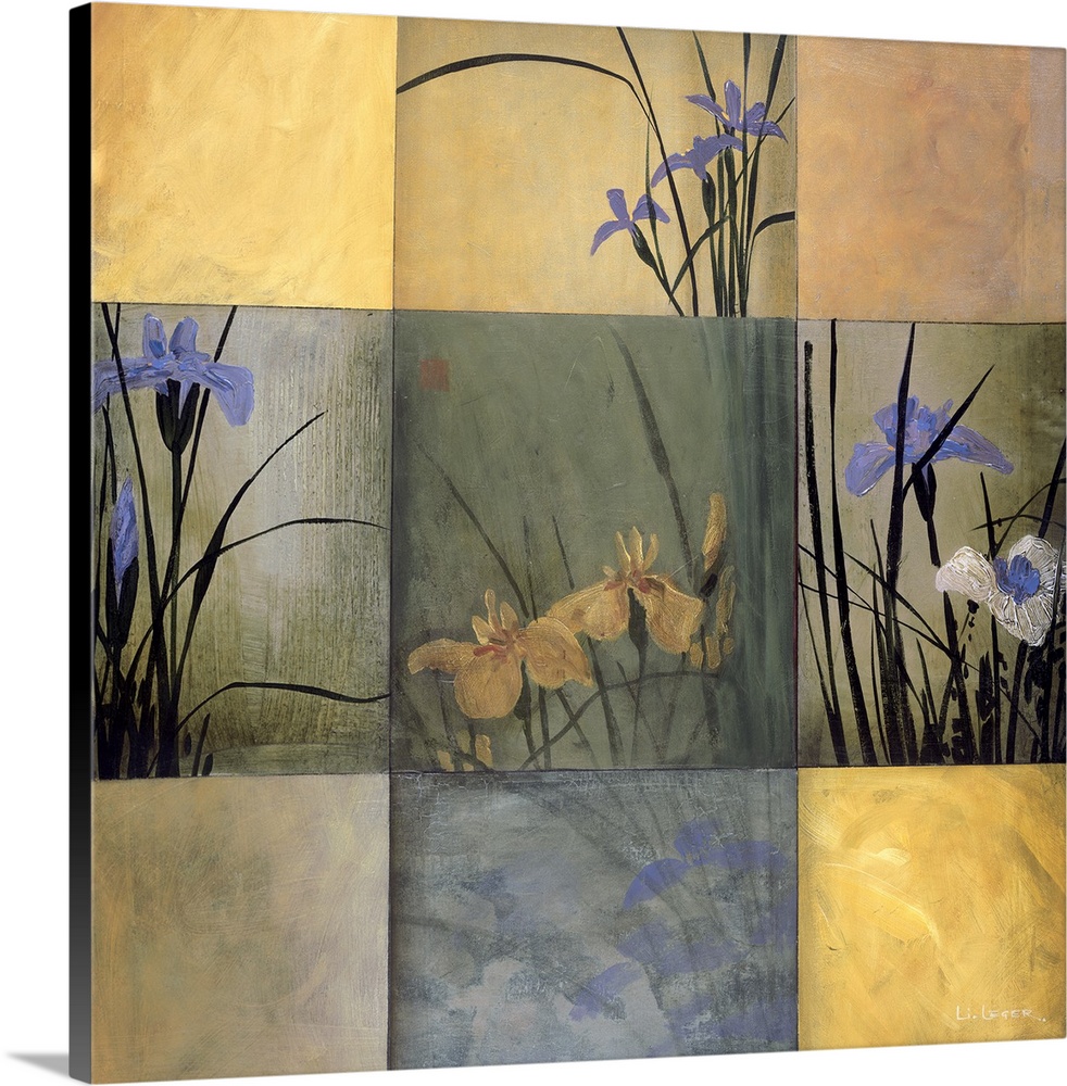 Square painting of nine squares of irises in different colors and views.