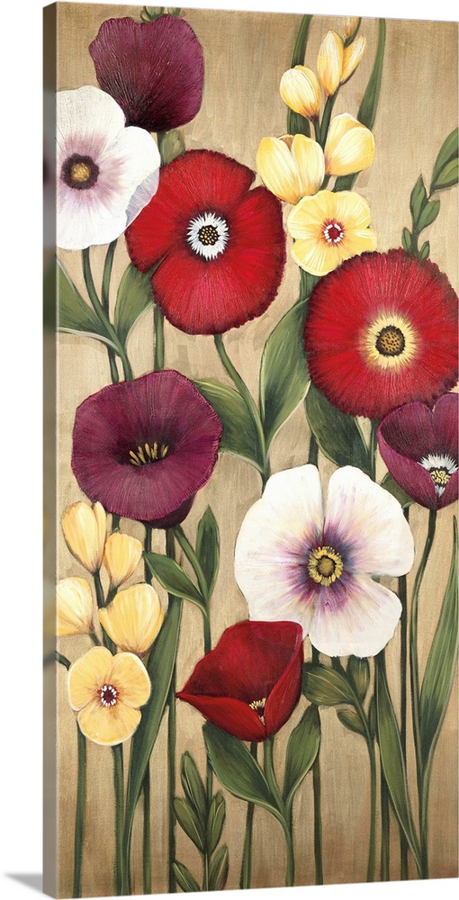 Vertical painting of a group of red, pink and yellow flowers against a neutral backdrop.