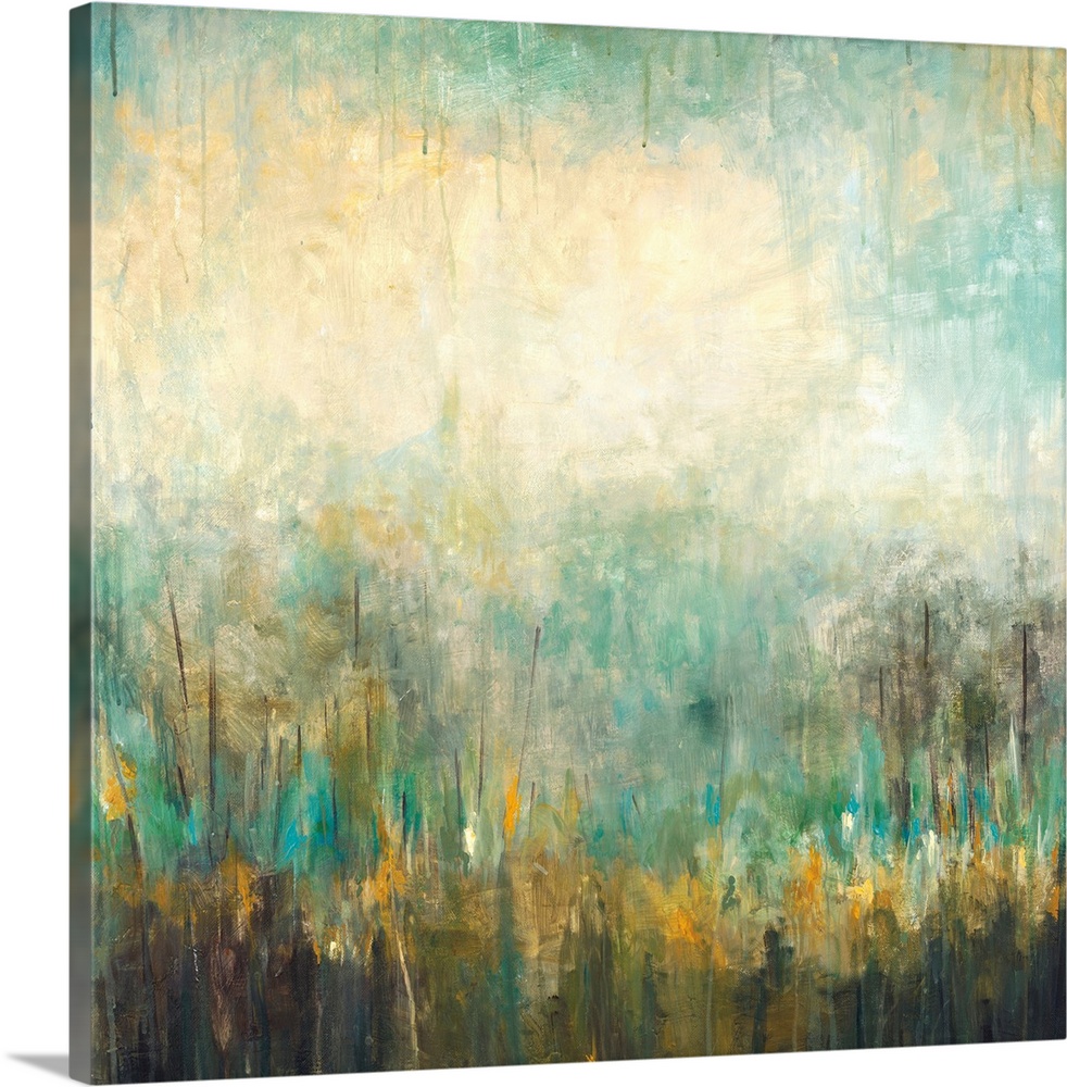 Square abstract painting in textured colors of green, yellow, blue and gray.