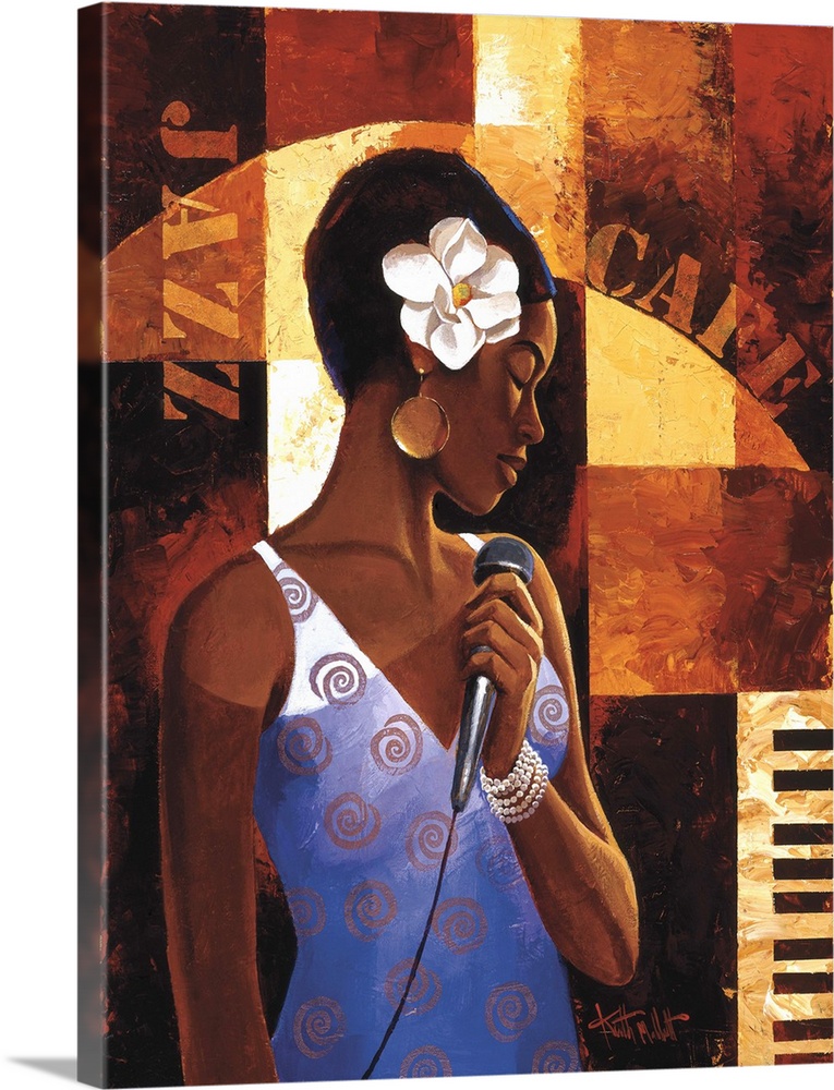 Contemporary painting of a jazz singer holding a microphone.