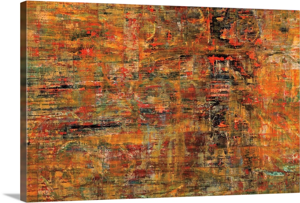 A abstract painting of texture paint in tones of orange, red, blue and black.