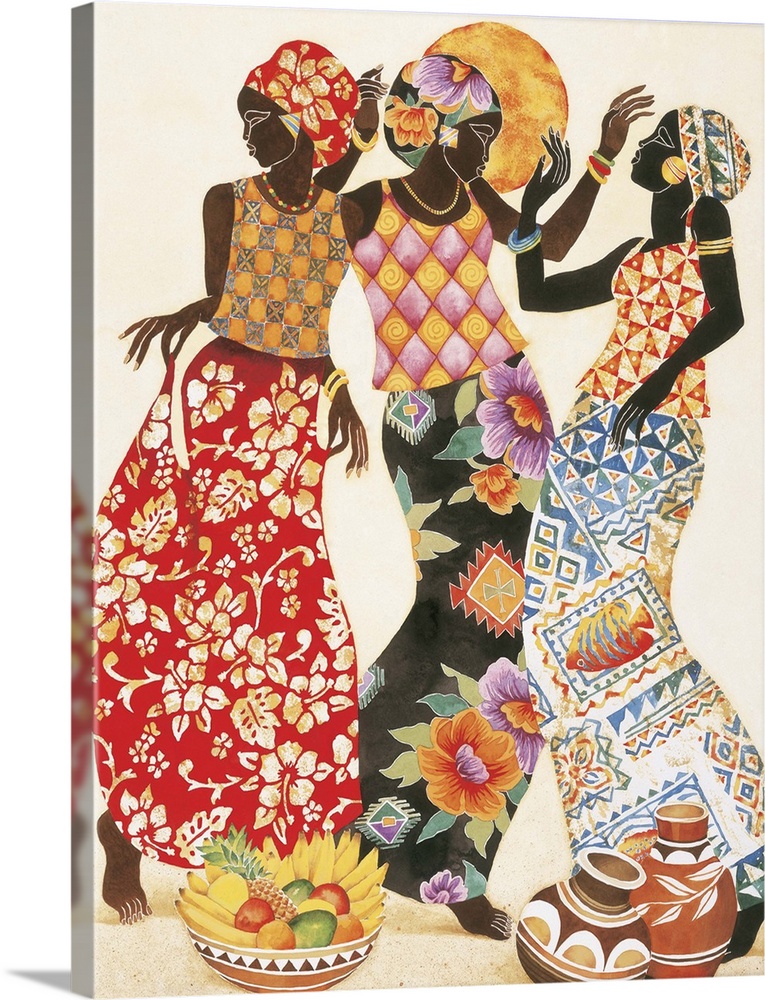 Three African women in beautiful patterned robes celebrating.