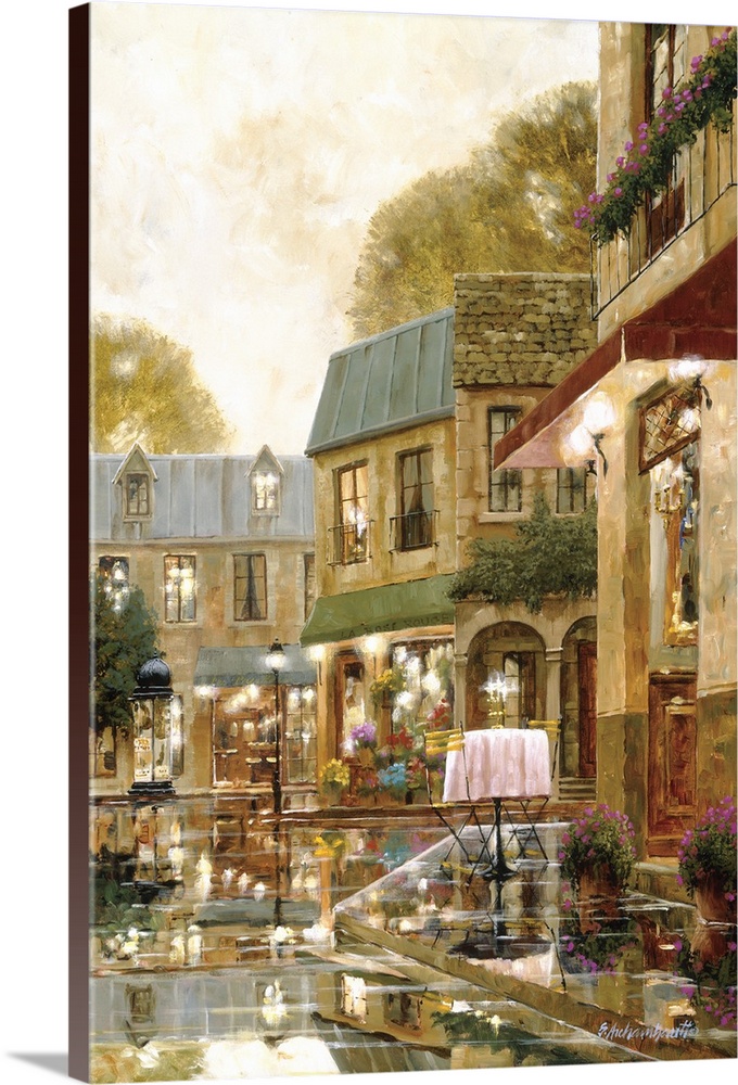 Vertical artwork of a evening street scene in Europe of a single table outside of a restaurant with other shops nearby.