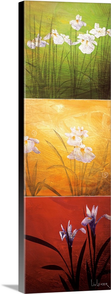 A long vertical painting of flowers in three panels of red, green and yellow.