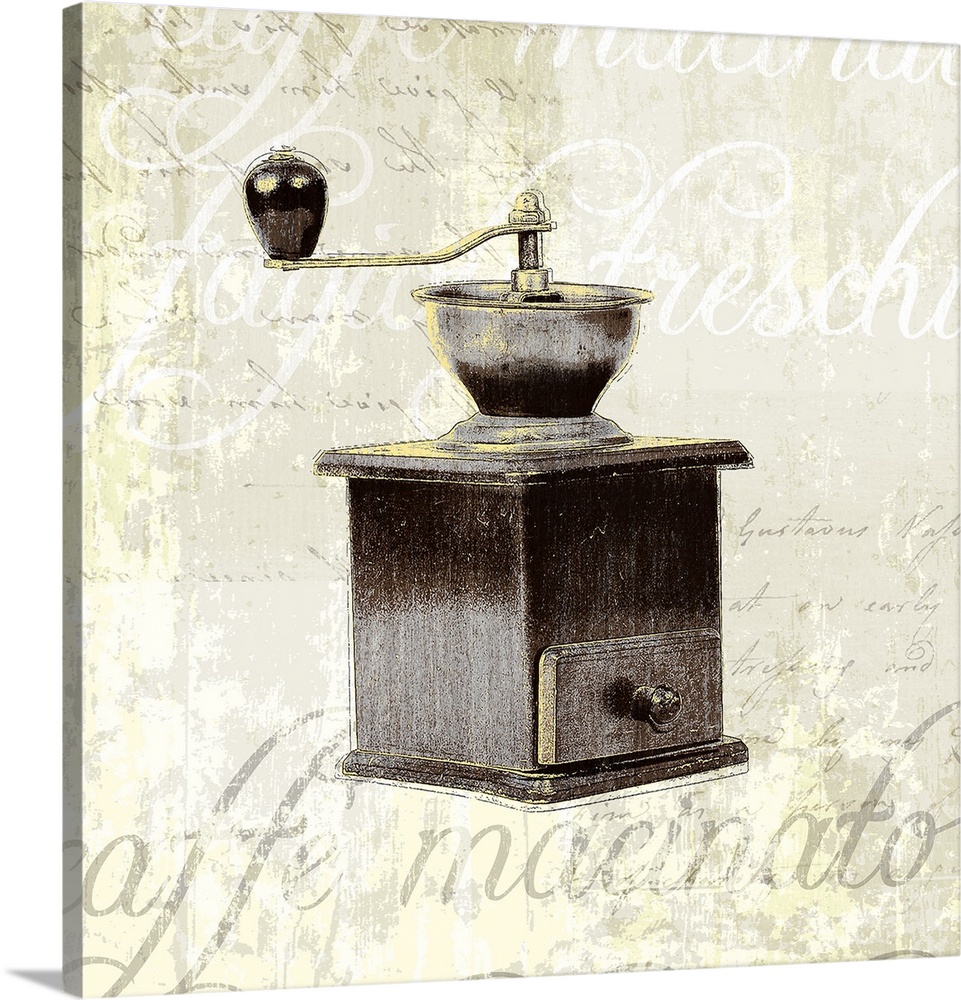 Decorative artwork of a vintage coffee grinder on a beige backdrop that has distressed text in white and gray.