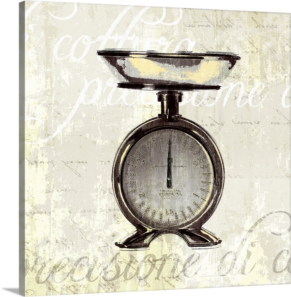 Decorative artwork of a kitchen weight scale on a beige backdrop that has distressed text in white and gray.