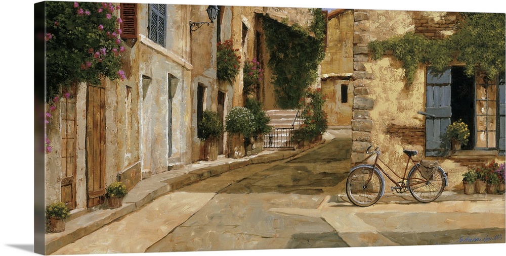 Painting of a bicycle outside a store in a European village.