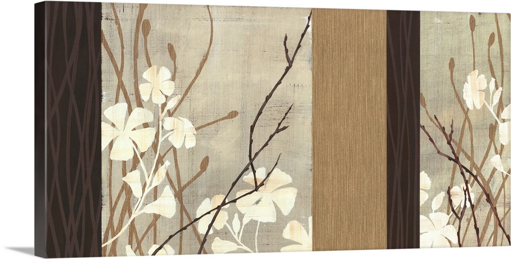 Contemporary horizontal design of textured white flowers and branches in multiple panels.