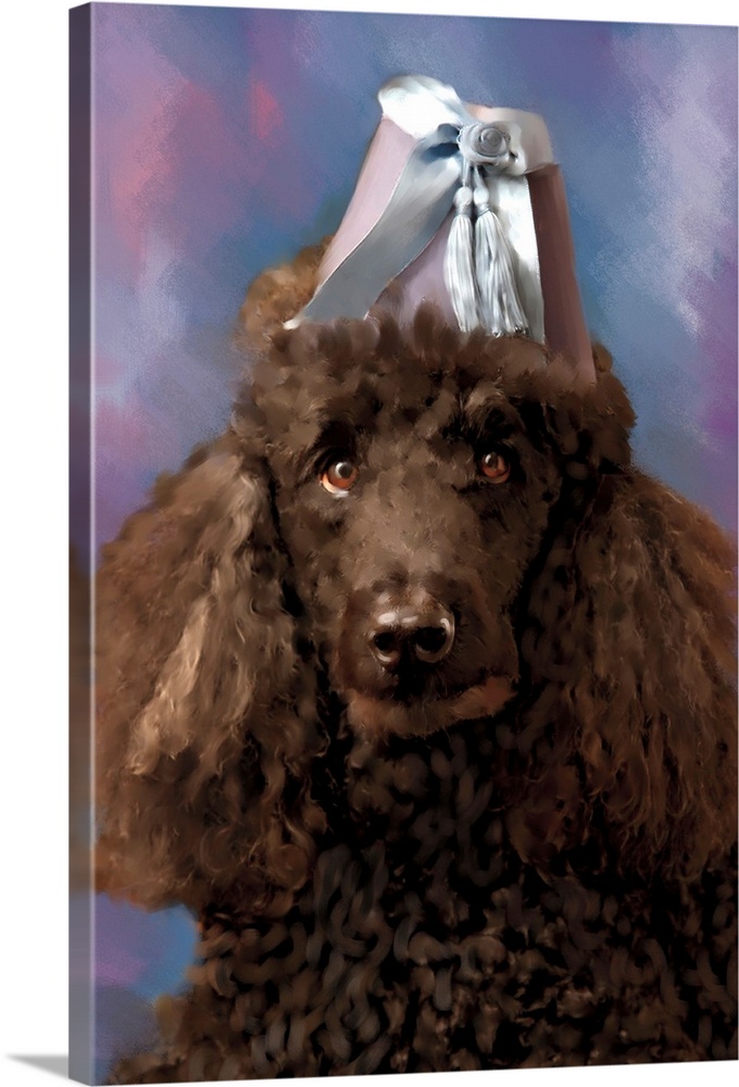 A portrait of a poodle with a hat on his head.