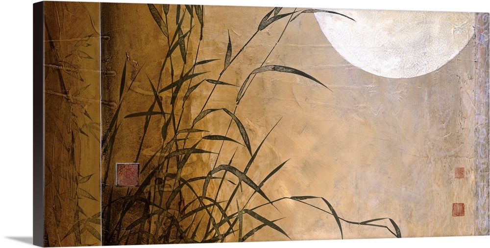 A contemporary painting with bamboo and the moon with a rectangle border on the left.