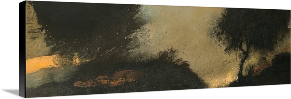 A long horizontal abstract landscape in dark hues of black and brown.