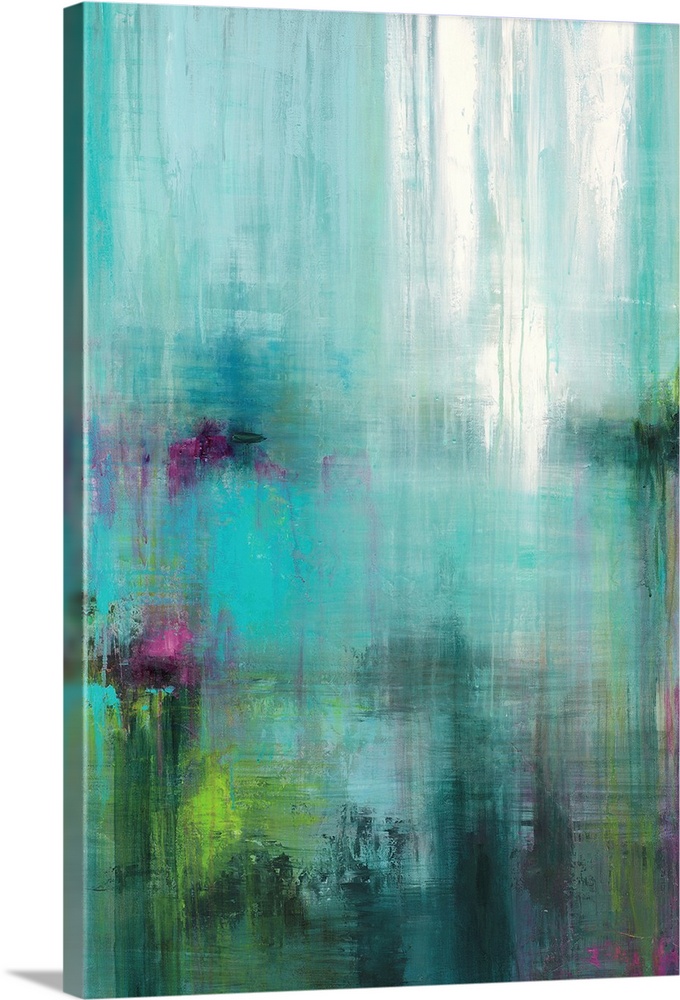 A modern abstract painting in shades of blue with accent colors of purple and green.