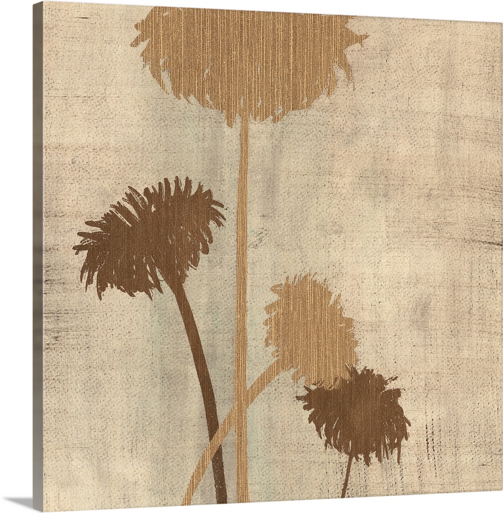 Square artwork of a small group of flowers in black and brown with a linen textured effect.