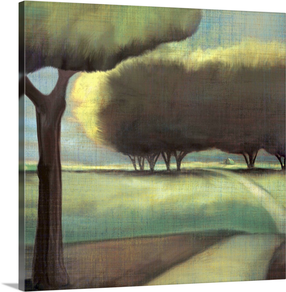 Contemporary artwork of large trees in a hilly landscape with a narrow road.