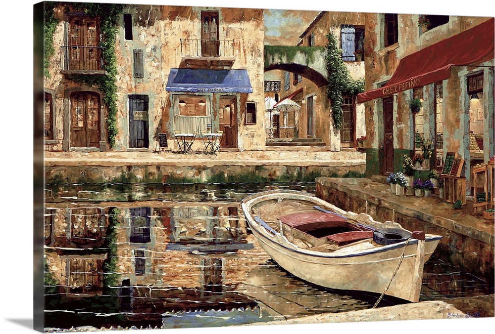 Contemporary painting of a boat docked near shops in Europe.