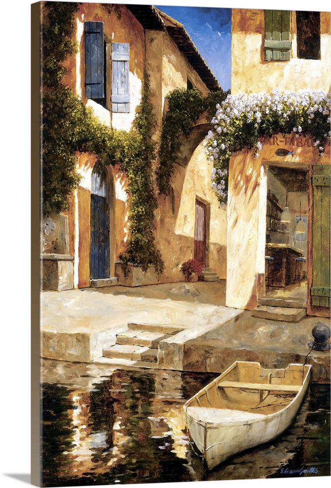 Painting of a boat docked near stairs in a European village.