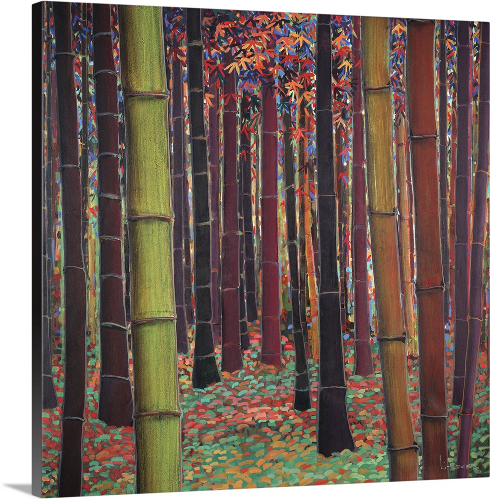 A square contemporary painting of a forest of bamboo trees in different shades of brown with colorful leaves and grass.