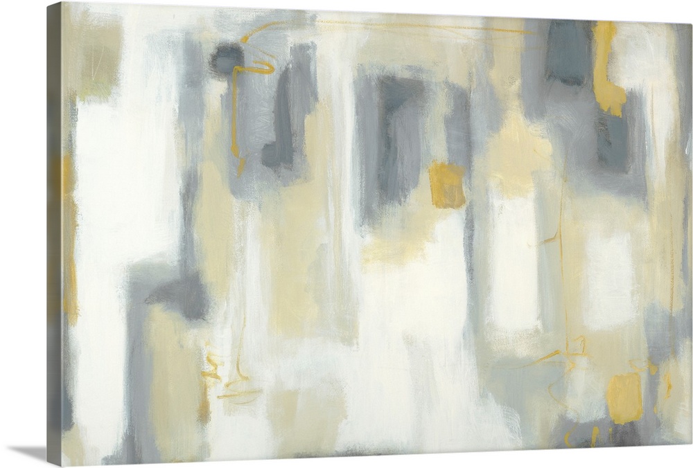 Abstract painting of soft vertical rectangles in shades of yellow, gray and white.