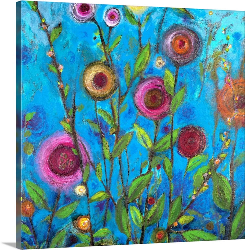 Square complementary painting of multi-colors of buttercup flowers upon a blue backdrop.