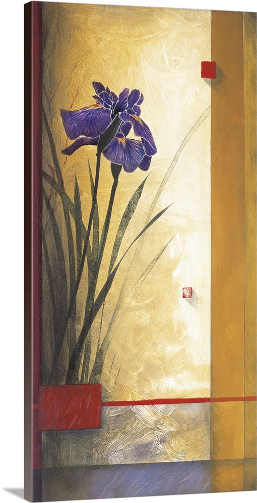 A contemporary painting of purple irises flowers bordered with a square grid design.