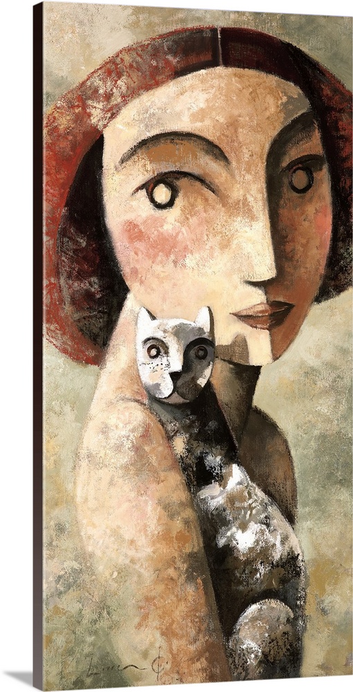 A vertical portrait of a woman holding a cat, painted in a cubism style.