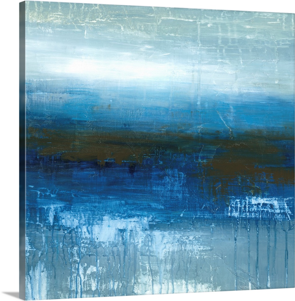 Square abstract painting in textured colors of blue, white and gray.