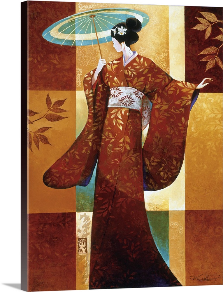 Painting of a Japanese woman in a kimono holding a paper umbrella.