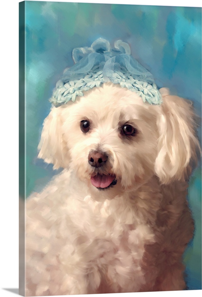 A portrait of a dog with a hat on his head.