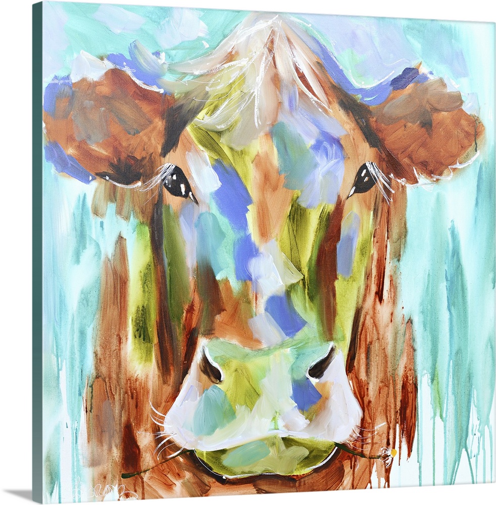 A contemporary square painting of the face of a cow done in multiple colors with strokes of blue in the background.