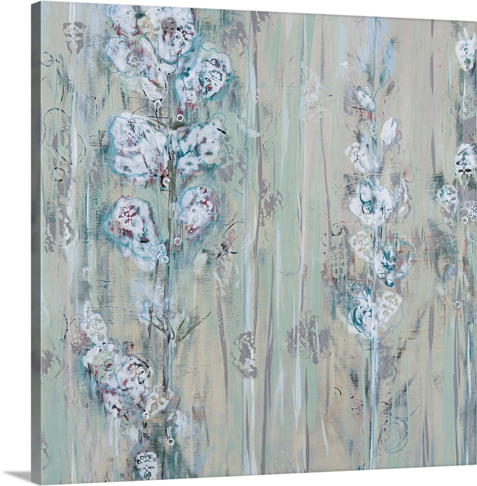 Square contemporary floral painting in muted colors of gray, white and blue.