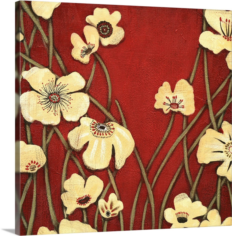 Contemporary painting of a group of yellow flowers with tall stems against a red backdrop.