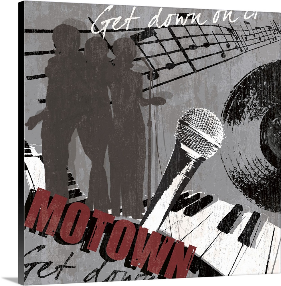A square Motown theme wall art with piano, record, microphone and singers.