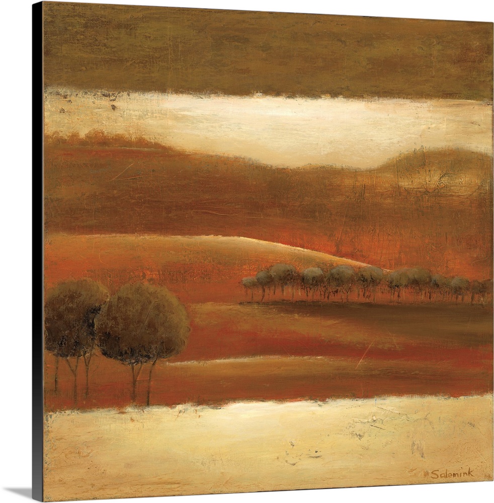 A textured landscape of rolling hills with trees in tones of brown and orange.